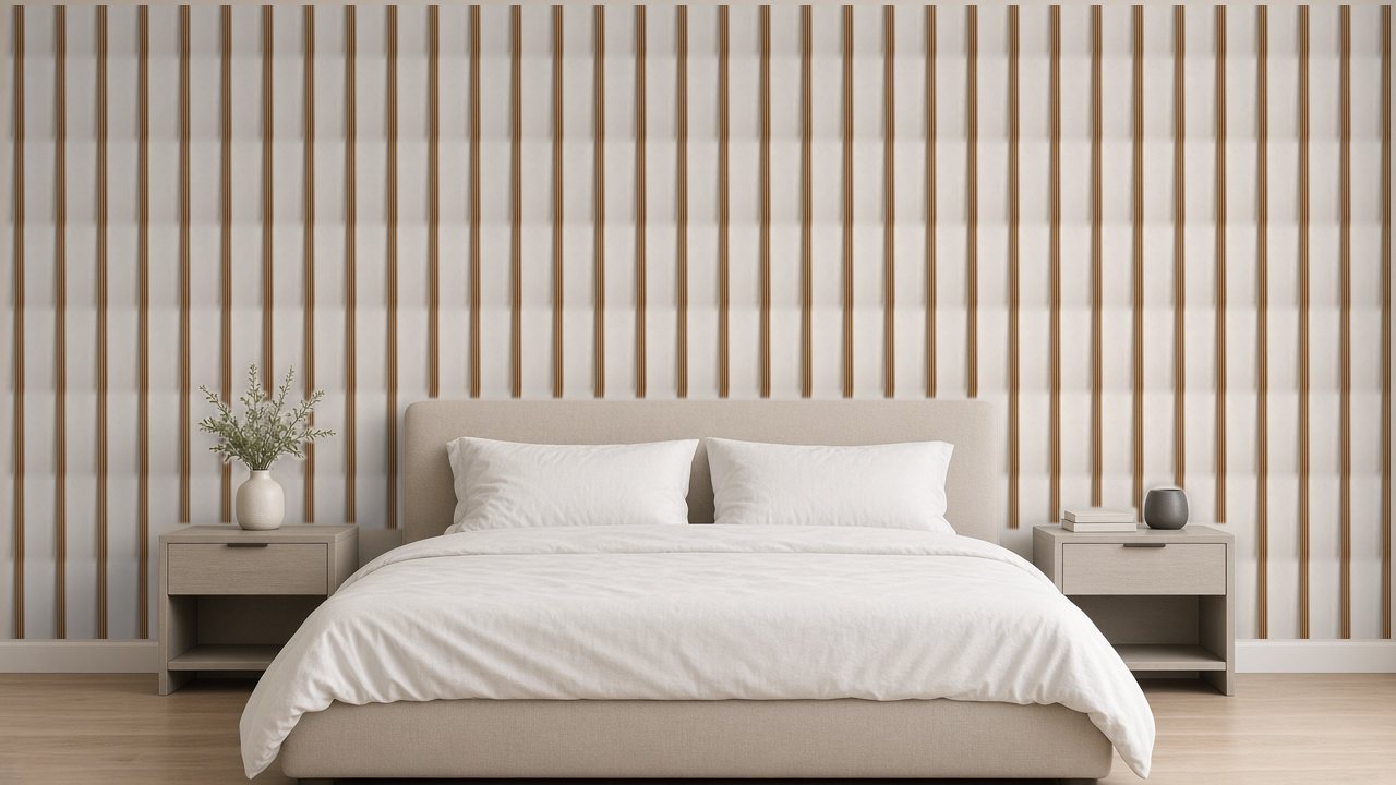 Depois: quarto do ambiente modelo com a parede revestida a Ripado Nogueira Noir (simulação com a textura real)