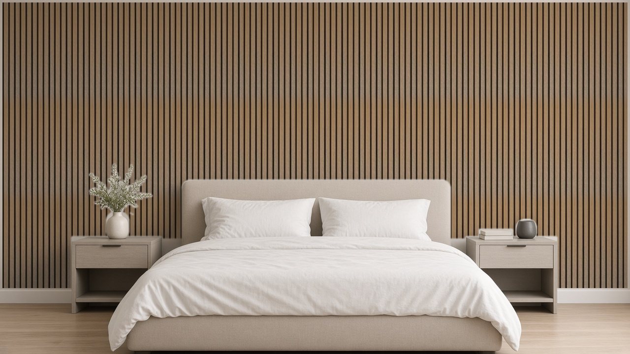 Depois: quarto do ambiente modelo com a parede revestida a Ripado Teca (simulação com a textura real)