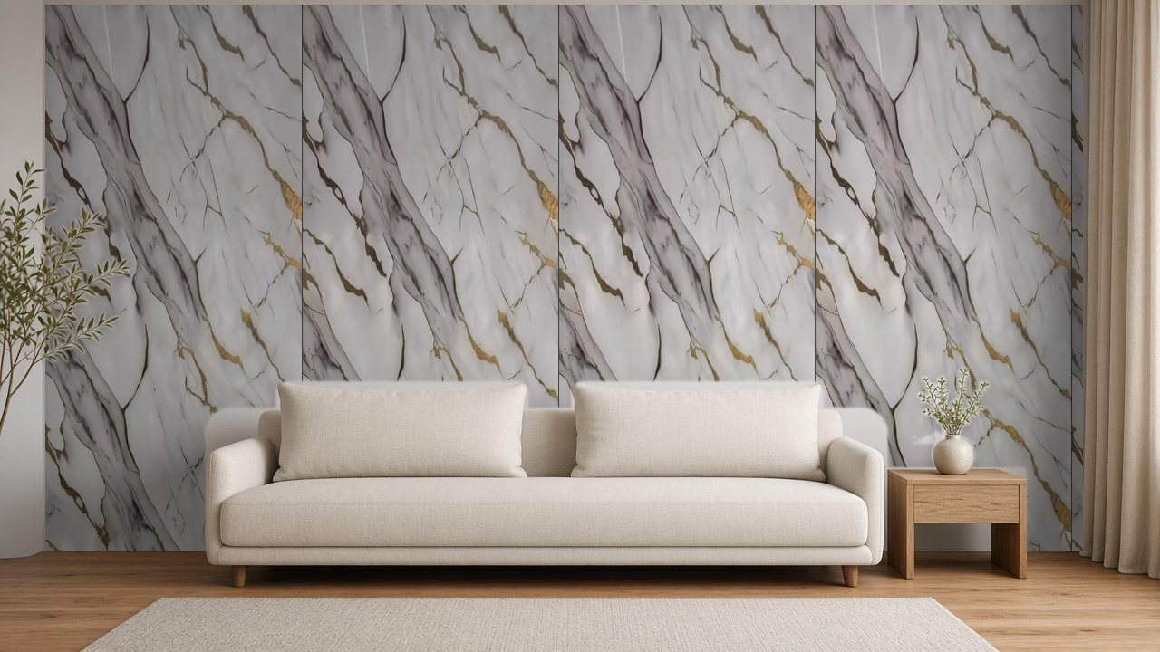 Depois: sala do ambiente modelo com a parede revestida a Calacatta Gold (simulação com a textura real)