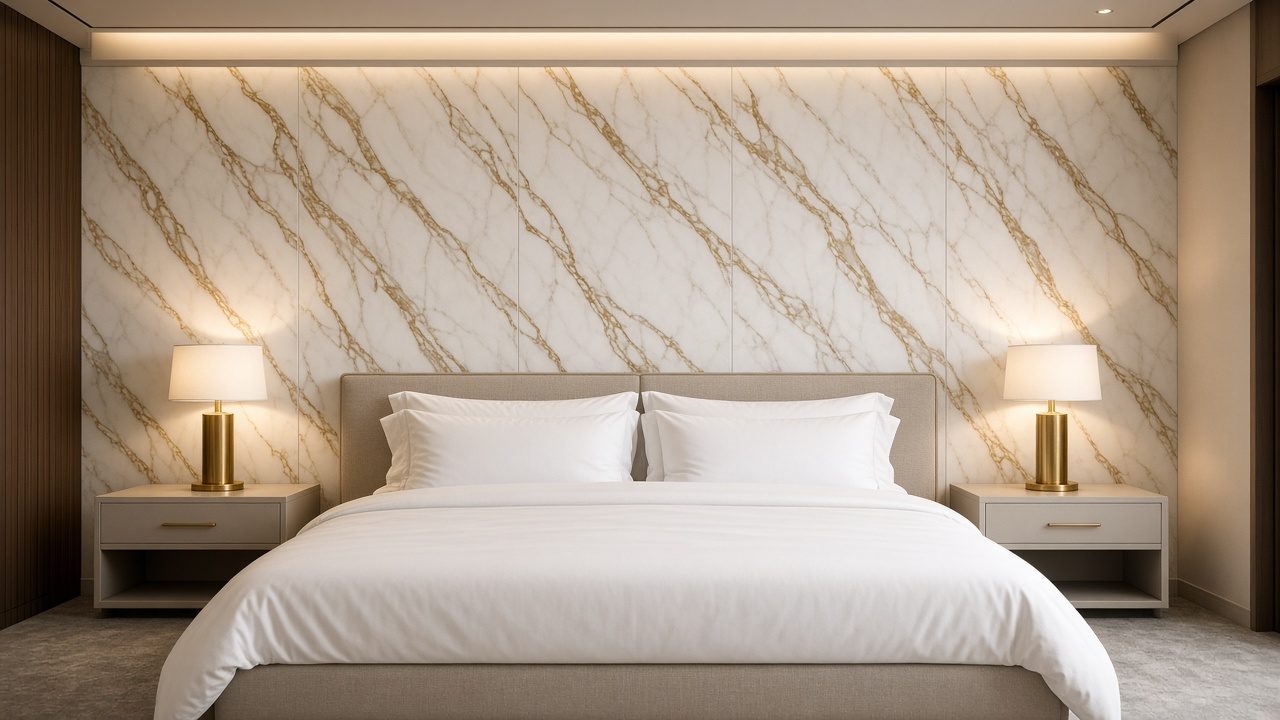 Quarto de hotel com parede de cabeceira em Calacatta Oro (imagem ilustrativa gerada por IA a partir da textura real)