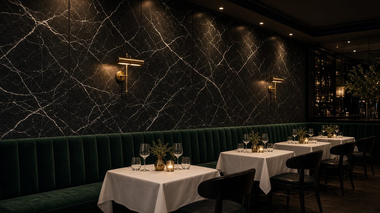 Restaurante com parede em Nero Bianco, banquetas e apliques dourados (imagem ilustrativa)