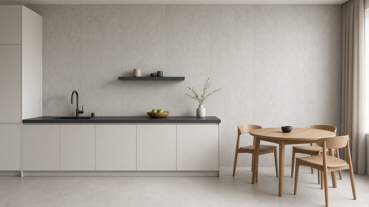 Cozinha neutra com parede em Cemento Grigio Chiaro e zona de refeições (imagem ilustrativa)