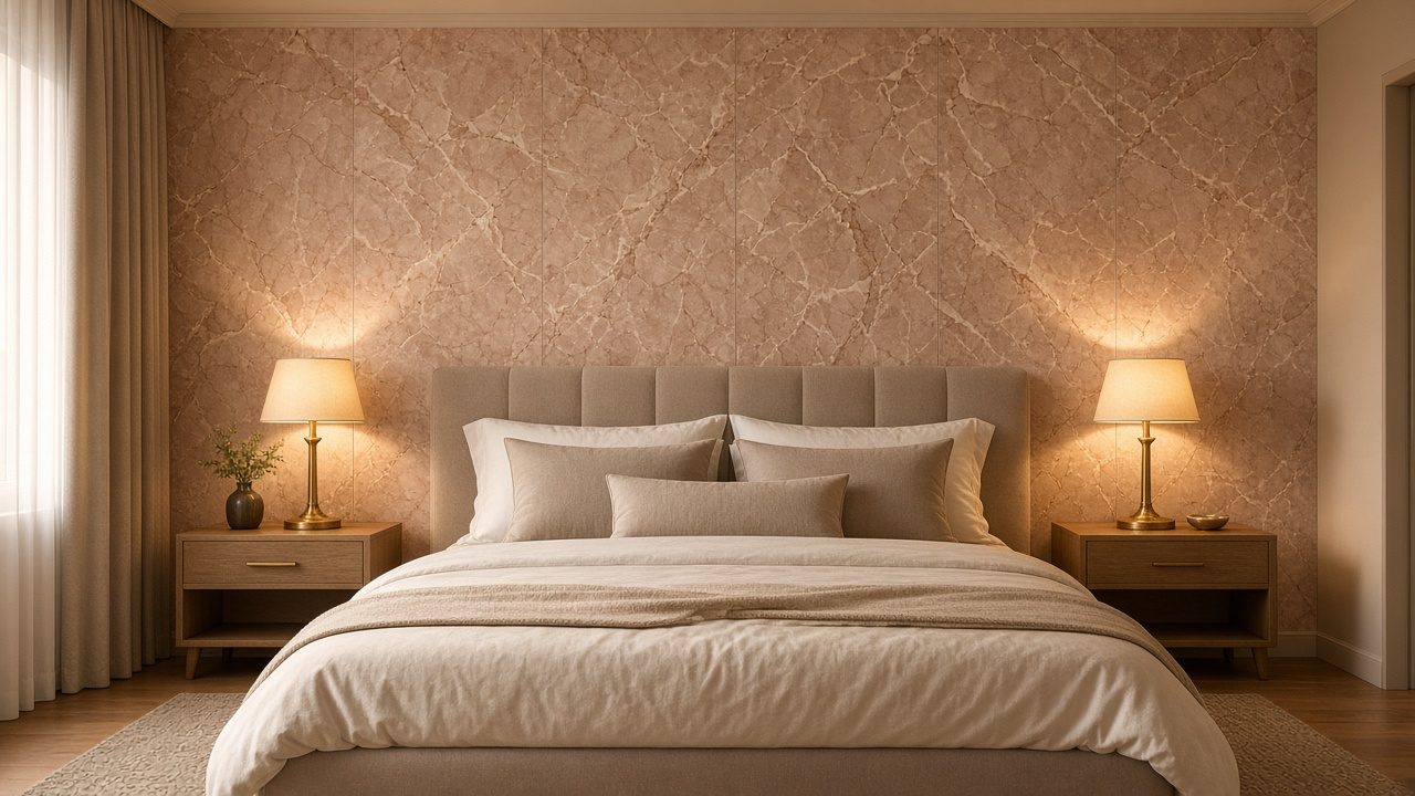 Quarto com parede de cabeceira em Rosa Portogallo (imagem ilustrativa)