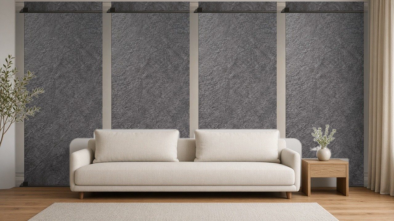 Sala de estar com parede revestida a Ardesia Nera (imagem ilustrativa gerada por IA a partir da textura real)