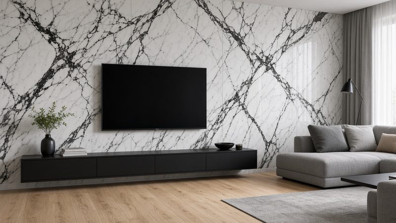 Sala com televisão com parede revestida a Bianco Nero (imagem ilustrativa)