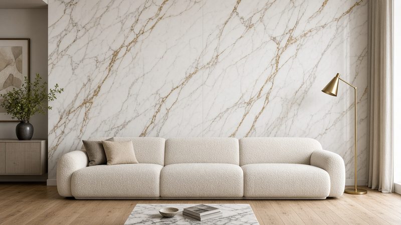 Sala de estar com parede revestida a Calacatta Gold (imagem ilustrativa)