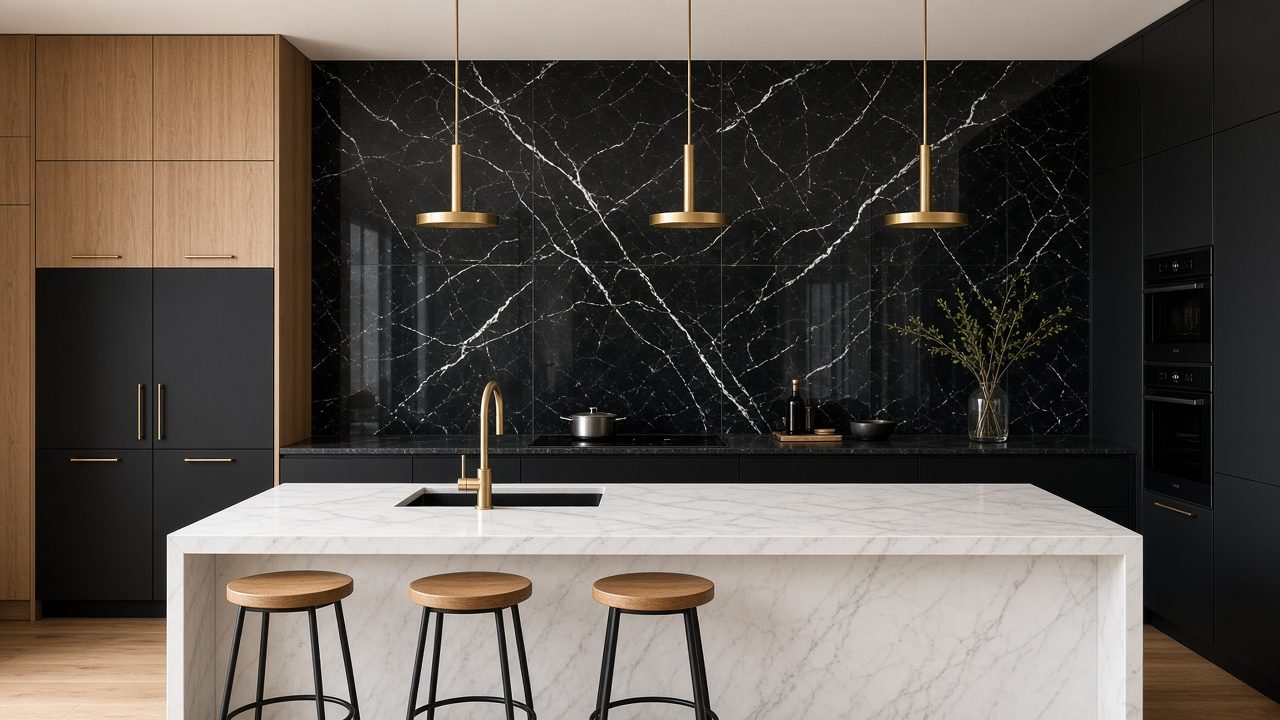 Cozinha com parede revestida a Nero Bianco