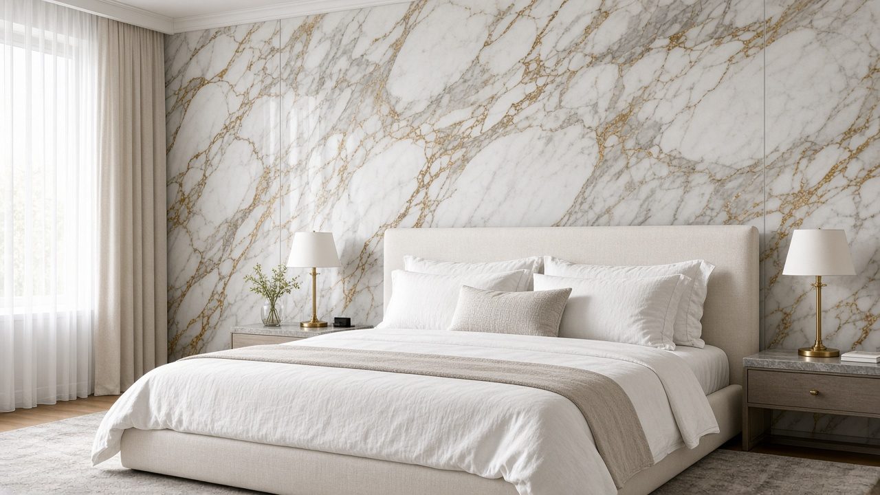 Quarto com parede de cabeceira em Onda Oro 80002 (imagem ilustrativa)