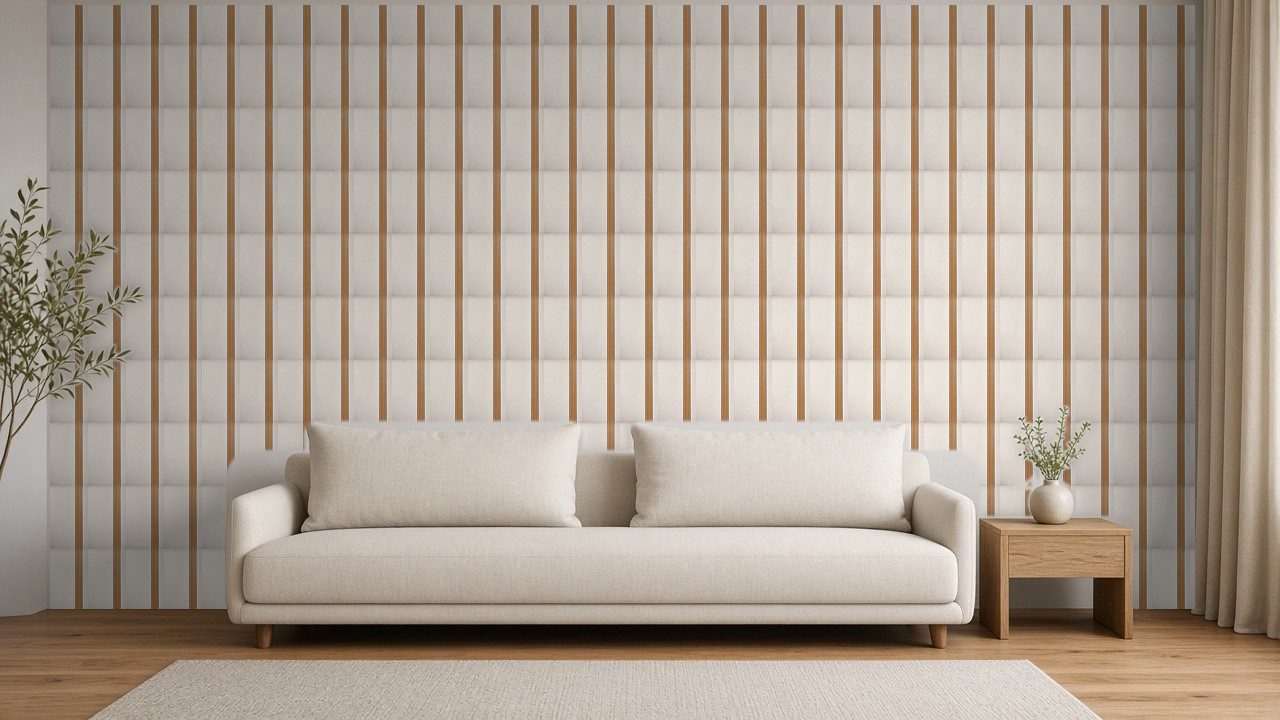Sala de estar com parede revestida a Ripado Carvalho Natural (imagem ilustrativa gerada por IA a partir da textura real)