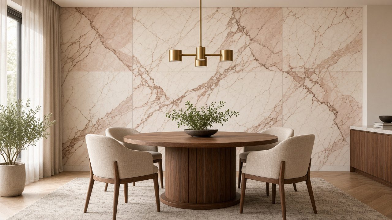 Sala de jantar com parede revestida a placas efeito mármore Rosa Portogallo (imagem ilustrativa)