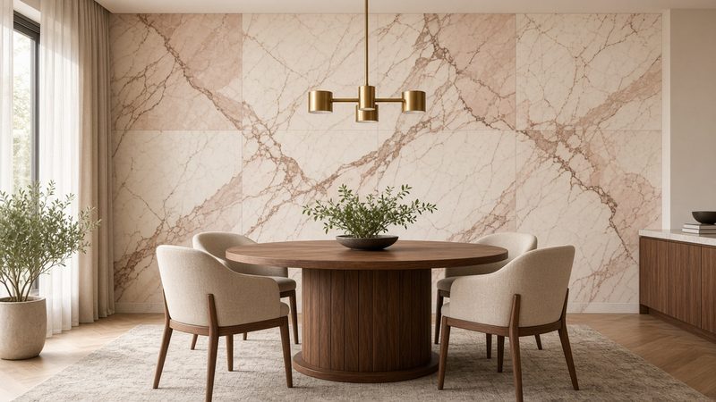 Sala de jantar com parede revestida a Rosa Portogallo (imagem ilustrativa)